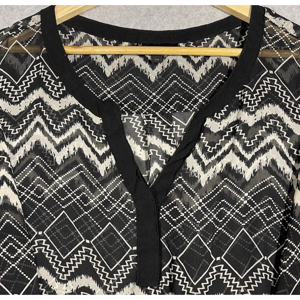 Jeans by Buffalo Women's Blouse Tunic Size Large Brown Black SHEER‎ 3/4 Sleeve